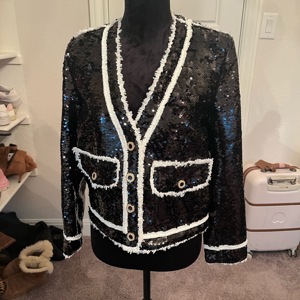 Nordstrom Black and White Blazer with Elegant Trim